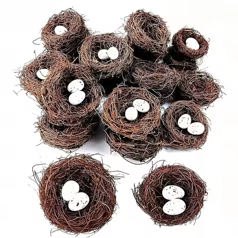 15Pcs Mini Rattan Artificial Bird Nest with Eggs, Easter Wedding Table Tree Craft Decor