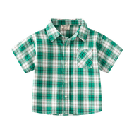 LJMOFA 3-8Y Kids Lapel Shirt Short Sleeved Plaid Shirt with Chest Pocket Cotton Fabric Shirt for Boy