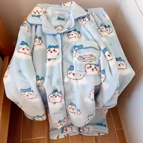 Kawaii Chikawa Flannel Thickened Winter Usagi Long Sleeved Pajama Pants Set for Women Plus Velvet Cu