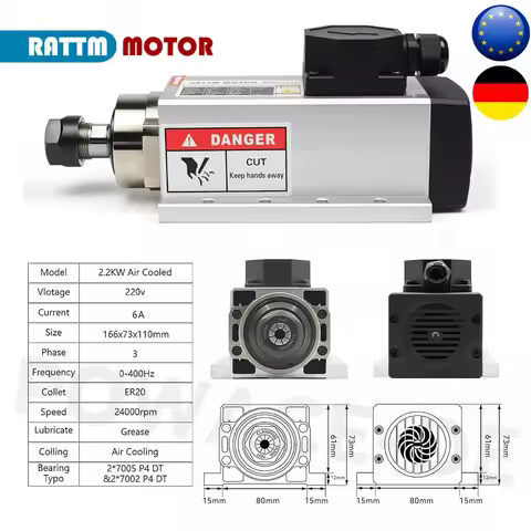 【EU Stock】GDZ-80x73-2.2 Square 2.2kw ER20 220V Air Cooled Spindle Motor 6.0A 24000rpm Runout off 0.0