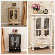European-Style Simple Small Wine Cabinet Korean-Style Carved Sideboards Cabinet Sofa Side Cabinet Living Room Storage Liquor Cabinet Double Door Glass Cabinet