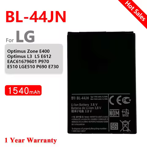100% Original 1540mAh BL-44JN Battery for LG Optimus Zone E400 Optimus L3 E400 L5 E612 EAC61679601 P