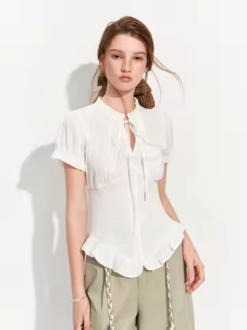 FSLE 2026 Summer Women's French Ruffle Trim Blouse, Bubble Gauze Smocked Waist Short Sleeve Top for 