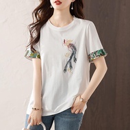Womens T-shirt 2024 Summer New Print Versatile Slimming Fashion Loose Leisure Embroidered Top