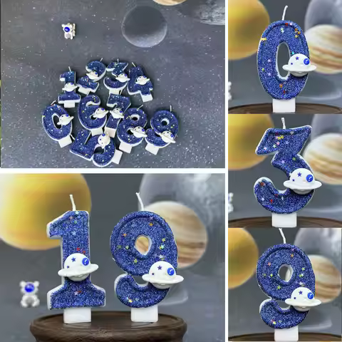 DIY Planet themed Spaceship 0-9 digital candle Dark Blue Birthday candle Outer space themed party ca