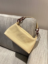 Chanel hobo絕版稀有木連接米黃色手袋肩側背包 有貼