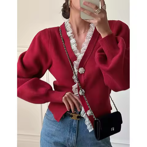 Vintage Red Knitted Cardigan Women Cropped Lace Black Sweater Outerwears Elegant Korean V Neck Knitw