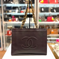 98%NEW二手CHANEL SHOPPING BAG VINTAGE 朱古力色小羊皮,,型格粗金鏈,雙C大LOGO,香奈兒托特包 #香榭站正品