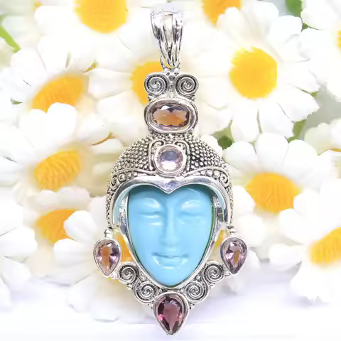 61x27mm SheCrown Awesome Long Big 13g Egypt Goddess Face Blue Turquoise Amethyst Tourmaline Silver P