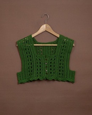 琥珀色鈕扣鉤針編織花紋背心 | 綠
