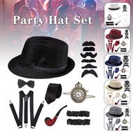 1920s Gatsby Gangster Costume Accessories Set Beret Hat Y-Back Suspender 1x Mens