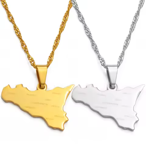 Anniyo Italy Sicily Map With City Name Pendant Necklaces,Silver Color/Gold Color Italian Sicilia Jew