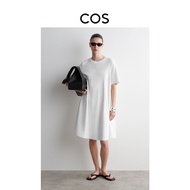 ชุดเดรสคอตตอนสีขาวทรงเอสไตล์ลำลอง COS เดรสฤดูร้อนใหม่สำหรับผู้หญิง สไตล์เรียบง่าย แขนยาว กระโปรงยาวป