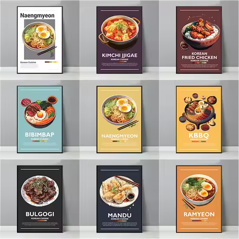 Korean Food Poster Bulgogi Bibimbap Gimbap Kimchi Sundubu Jjigae Canvas Painting Minimalist Wall Art