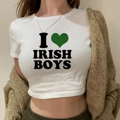I Love Irish Boys Hip Hop Graphic Women Cropped Tops Harajuku Kawaii Clothes 2000s Y2k Baby Tee Fash