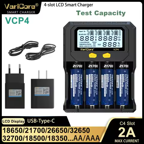 VariCore VCP4 LCD Smrt Battery Charger Test Capacity for 3.7V18650 21700 26650 Li-ion 3.2V LiFePO4 3