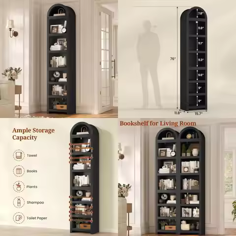 76-inch tall 7-tier arched bookshelf - modern adjustable storage for living room