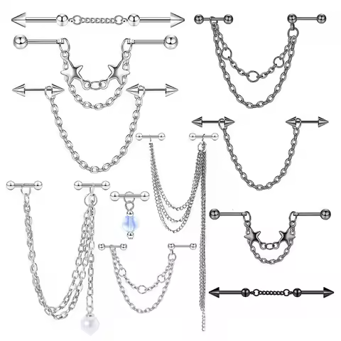 Double Piercing Chain Stud Earring Industrial Piercing Chain Earrings Tassel Cartilage Helix Jewelry