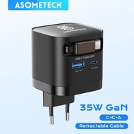 35W GaN USB Charger with Type C Retractable Cable 3 Port QC3.0 PD3.0 PPS Fast Charger for iPhone 16