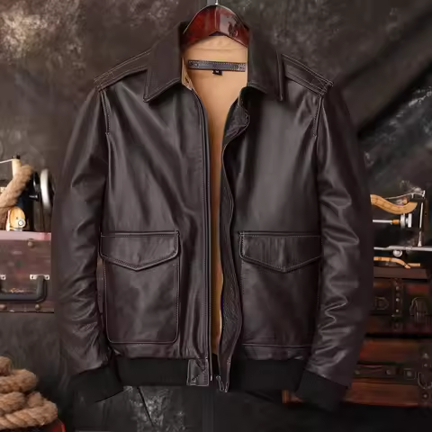 Bomber A2 Pilot Genuine Leather Jacket Men Warm 100% Cow Leather Air Force Coat Dark Brown Men's Cow
