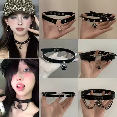 13 Styles Women Gothic Choker Necklace Y2K Punk Style Adjustable Spike Collar with Bone Rivet Leathe