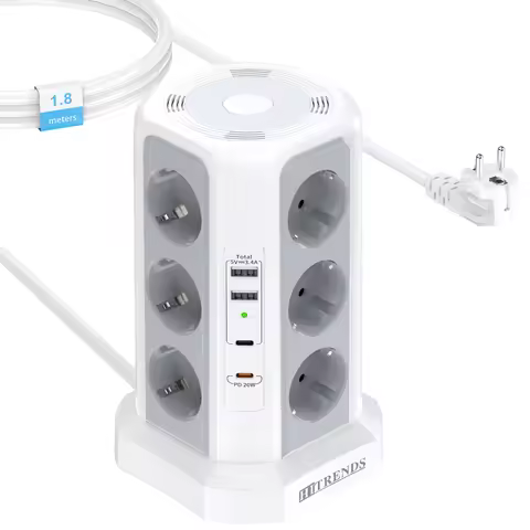 12 Way Power Socket Tower with Night Light, 2 USB A and 2 USB C ports, Multi Socket Surge Protector,