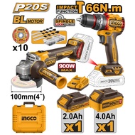INGCO 20V IMPACT DRILL & GRINDER COMBO KIT 1X2.0 & 1X4.0AH+CASE MODEL : CKLI2027310