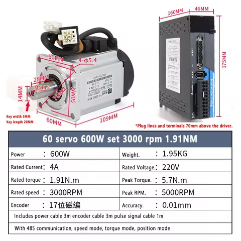 60ST Servo Motor 0.6KW AC Servo Motor Drive Kit 3000rpm 60 Flange driver + 17-bit magnetic encoder +