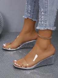 女士新款時尚圓頭透明帶拖鞋,夏季銀色楔型翻跟鞋