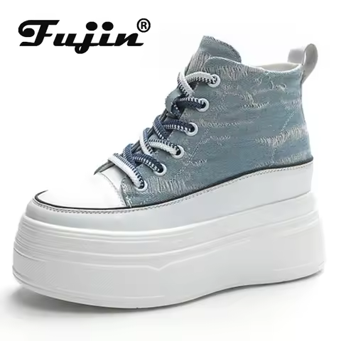 Fujin 8cm Denim Genuine Leather Women Fashion Lace Up Spring Ankle Boots Platform Wedge Lady Autumn 
