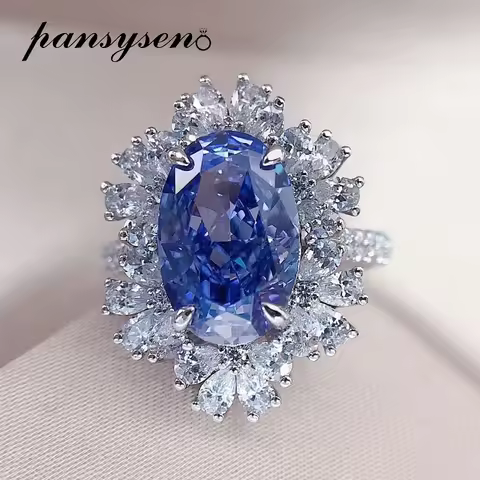 PANSYSEN Luxury 100% 925 Sterling Silver 4.5CT Oval Cut Sapphire High Carbon Diamond Ring Anniversar