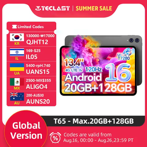 Teclast T65, 13.4'' 120Hz TDDI, Max.20GB RAM, 128GB ROM, Unisoc T7280, Android 16 Tablets PC, 1920X1