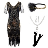 เงา Fringe กระโปรงแขนสั้น V คอลูกปัดชุดราตรีชุดปาร์ตี้ 1920S Flapper สไตล์โมเดิร์นเต้นรําเครื่องแต่ง