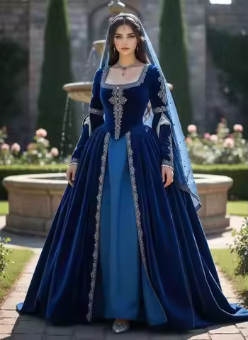 Medieval Tudor Royal Renaissance Blue Ball Gown Queen Elizabeth Prom Dress Cosplay Mary Boleyn Velve