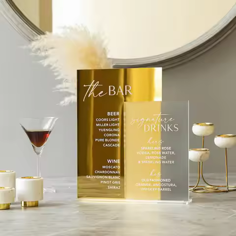 Wedding Signature Drinks Bar Cocktails Menu Sign Wedding Bar Sign Gold Mirror Frosted Acrylic Bar Si