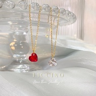 【Gift Box】FICCINO 18k Gold Plated Titanium Steel Pink Heart Crystal Red Pendant Necklace Zircon Hand