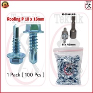 Baut Roofing Baja Ringan 1 Pack [ 100 Pcs ] Ukuran 10 x 16mm - Mata Sock Kunci 8mm - Kanal C Seng Ho