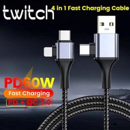 Twitch 4 in 1 USB Type C Cable PD40W Fast Charging Type C to Type C Cable Wires USB lOS Charger Wire