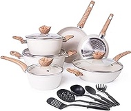 Non Stick Pots and Pans Set – Induction Hob Pots Set – 15pcs Kitchen Cookware with Lids – Cooking Cream Granite Saucepan Pots - by Nuovva