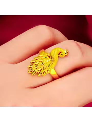 Women's Peacock Open Ring 24K Gold AU999 - Traditional craft, 3D peacock pattern, adjustable opening