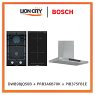 Bosch DWB98JQ50B Wall-mounted cooker hood + PRB3A6B70K Domino gas hob + PIB375FB1E Domino induction hob
