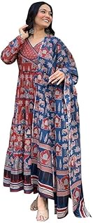 Women's Cotton Handwork Classy Ajrakh Print Full Flair Anarkali Kurti Pant With Dupatta Set