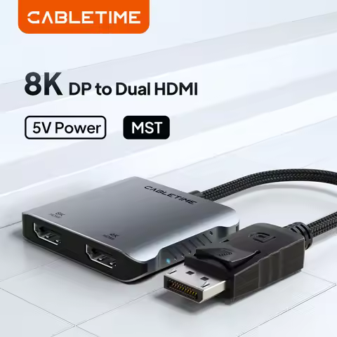 CABLETIME 8K MST 4K 60Hz Dual Display Displayport to Dual HDMI HUB UHD LED Light DP To Hdmi Hub for 
