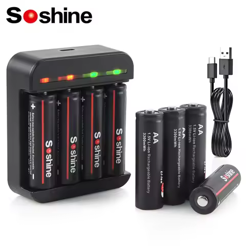 Soshine 1.5V 2A 3300mwh Lithium Li-ion Battery 1.5V AA Lithium Rechargeable Battery with Charger for