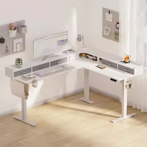 75 Inches Height Adjustable L Shaped Standing Desk with 5 Drawers and Monitor Shelf, Electric Sit to