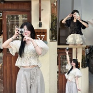 Babydoll Crop Top with Polka Dots, Flared Sleeves, Ruffled Hem, Drawstring Waist, Round Neck Kimii 0
