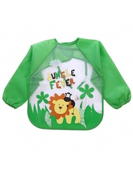 1入綠色獅子印花嬰兒圍兜,防水長袖餵食圍兜,eva 塗畫圍裙和兒童保護服裝