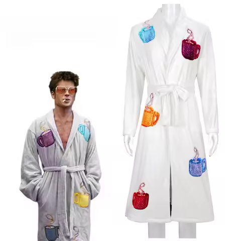 Tyler Durden Cosplay Bathrobe Fight Club White Top Halloween Costume Long Sleeve Print Robe Homewear