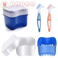 SOREN Dentures Container with Basket Portable Cleaning Tool Storage Box Cleaner Brush