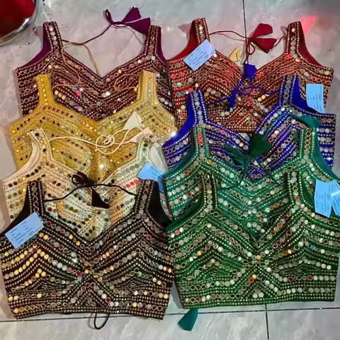 Sparkling Mirror Embroidery Indian Dance Blouse Top Sleeveless Belly Dance Performance Costume Choli
